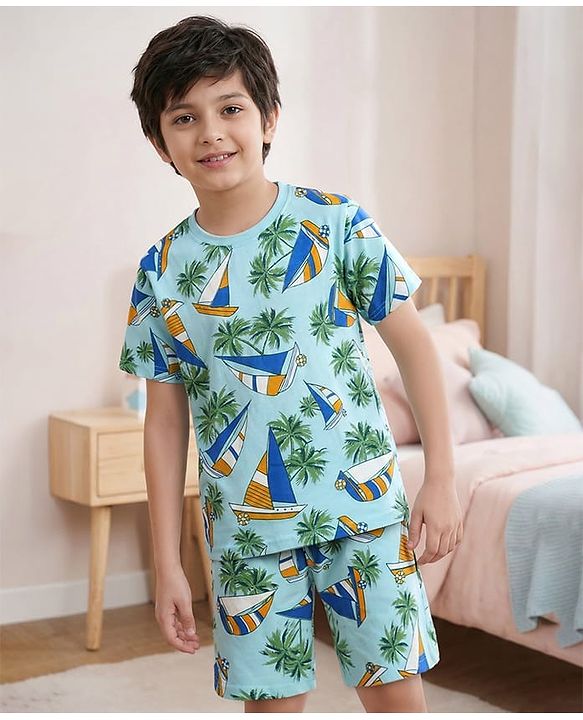Pine Kids Single Jersey Knit Half Sleeves Shorts Night Suit With Boat & Tree Print - Sea Green
