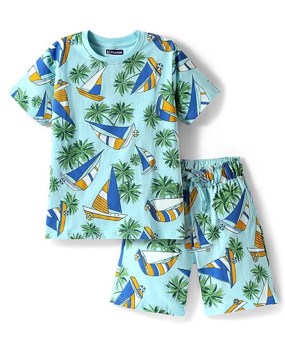 Pine Kids Single Jersey Knit Half Sleeves Shorts Night Suit With Boat & Tree Print - Sea Green