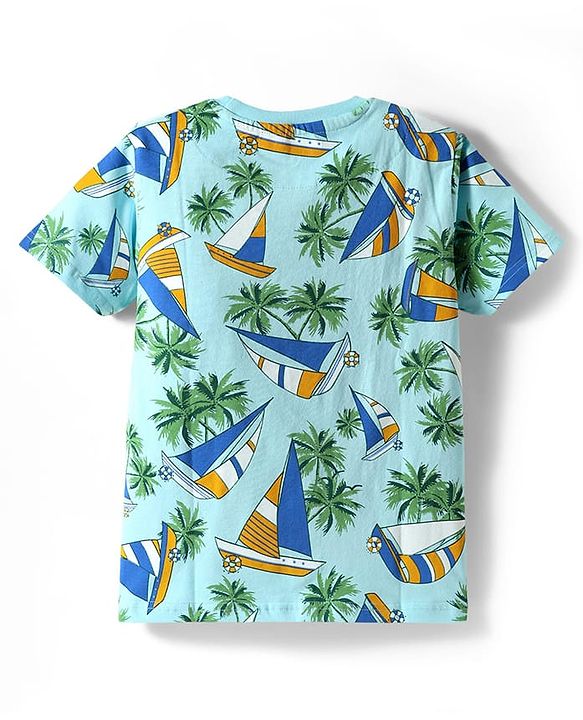Pine Kids Single Jersey Knit Half Sleeves Shorts Night Suit With Boat & Tree Print - Sea Green
