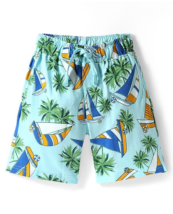 Pine Kids Single Jersey Knit Half Sleeves Shorts Night Suit With Boat & Tree Print - Sea Green