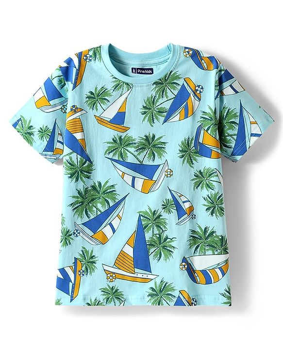 Pine Kids Single Jersey Knit Half Sleeves Shorts Night Suit With Boat & Tree Print - Sea Green