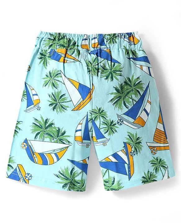 Pine Kids Single Jersey Knit Half Sleeves Shorts Night Suit With Boat & Tree Print - Sea Green