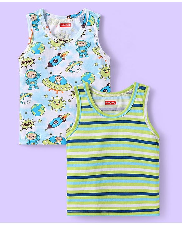 Babyhug 100% Cotton Knit Sleeveless Sando with Stripes & Space Print Pack of 2 -  Light Blue & Green