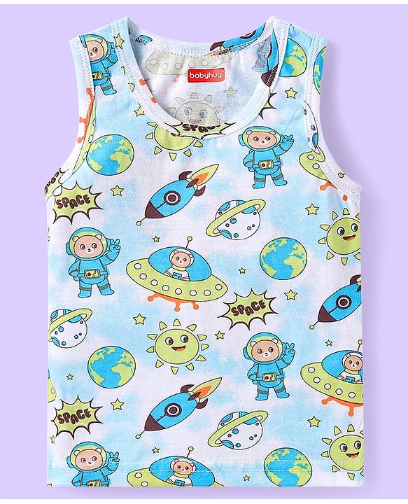 Babyhug 100% Cotton Knit Sleeveless Sando with Stripes & Space Print Pack of 2 -  Light Blue & Green
