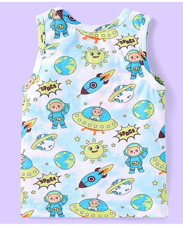 Babyhug 100% Cotton Knit Sleeveless Sando with Stripes & Space Print Pack of 2 -  Light Blue & Green
