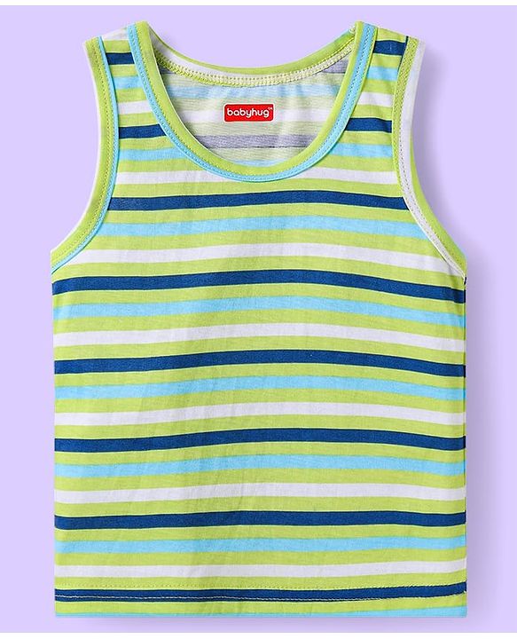 Babyhug 100% Cotton Knit Sleeveless Sando with Stripes & Space Print Pack of 2 -  Light Blue & Green