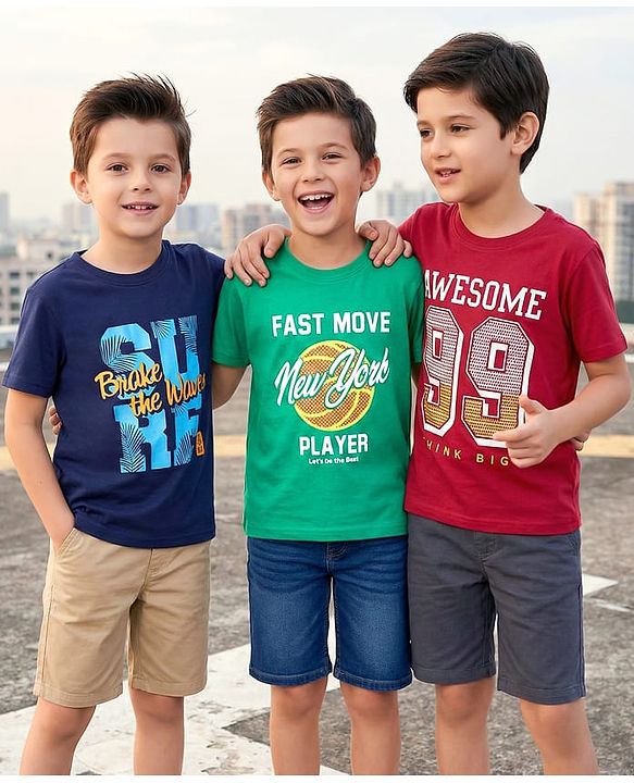 Pine Kids Cotton Knit Half Sleeves T-Shirts With Surf Theme Text Print Pack of 3 - Navy Blue Green & Red