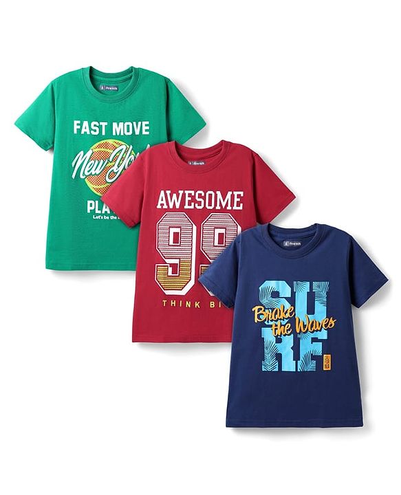 Pine Kids Cotton Knit Half Sleeves T-Shirts With Surf Theme Text Print Pack of 3 - Navy Blue Green & Red