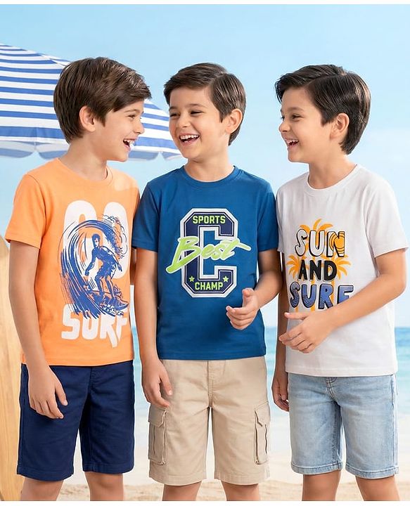 Pine Kids Cotton Knit Half Sleeves T-Shirts With Surf Theme Print Pack of 3 - Blue & White