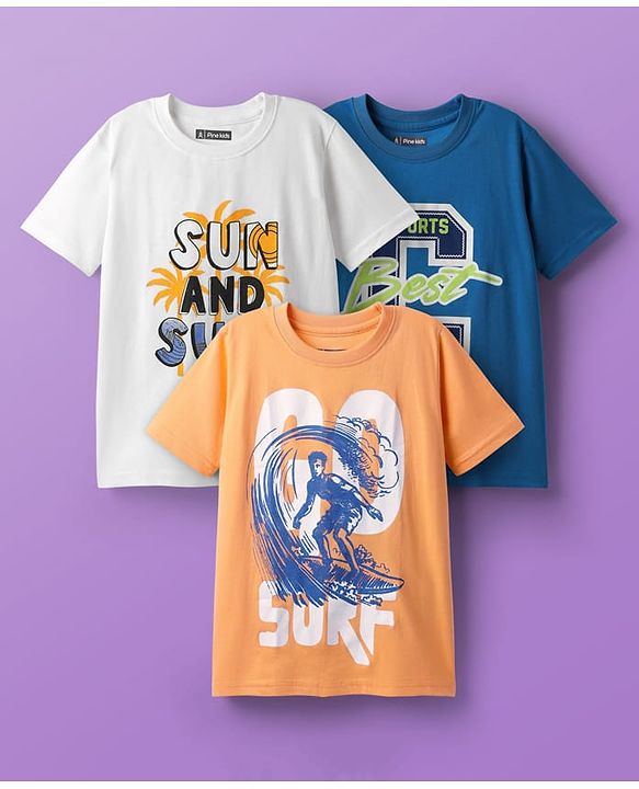 Pine Kids Cotton Knit Half Sleeves T-Shirts With Surf Theme Print Pack of 3 - Blue & White