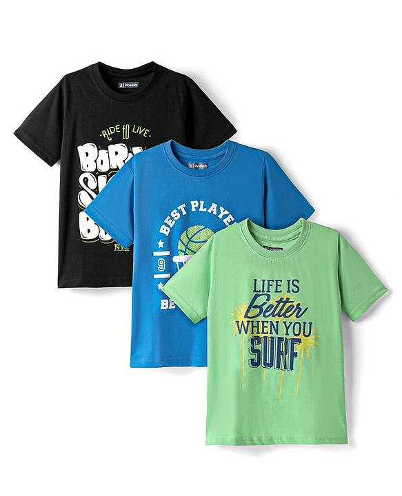 Pine Kids Cotton Knit Half Sleeves T-Shirts with Text Print Pack of 3 - Blue Black & Light Blue