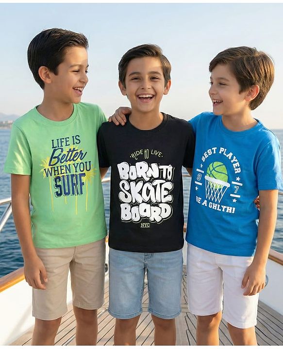 Pine Kids Cotton Knit Half Sleeves T-Shirts with Text Print Pack of 3 - Blue Black & Light Blue