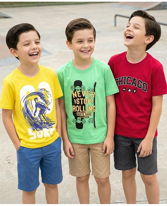 Pine Kids Cotton Knit Half Sleeves T-Shirts with Text Print Pack of 3 - Red Yellow & Light Green