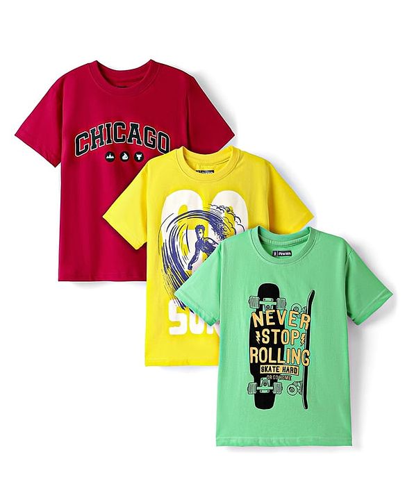 Pine Kids Cotton Knit Half Sleeves T-Shirts with Text Print Pack of 3 - Red Yellow & Light Green
