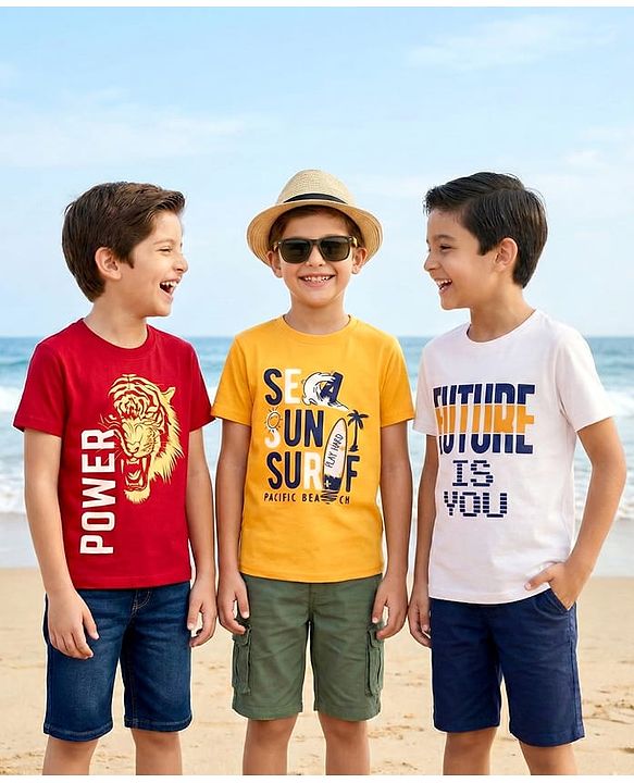 Pine Kids Cotton Knit Half Sleeves T-Shirts With Power Text Print Pack Of 3  - Red Yellow & White