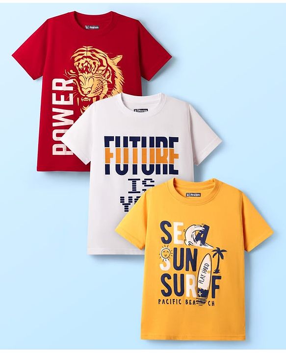 Pine Kids Cotton Knit Half Sleeves T-Shirts With Power Text Print Pack Of 3  - Red Yellow & White