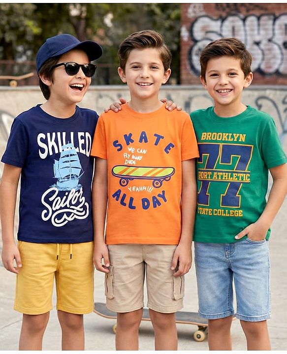 Pine Kids Cotton Knit Half Sleeves Printed T-Shirts Pack of 3 - Green Orange & Navy Blue