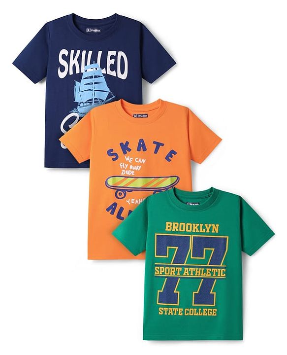 Pine Kids Cotton Knit Half Sleeves Printed T-Shirts Pack of 3 - Green Orange & Navy Blue