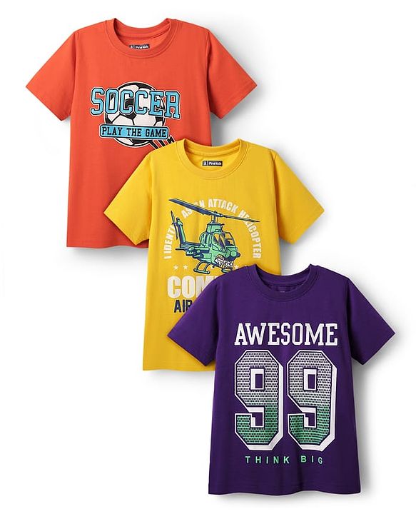 Pine Kids Cotton Knit Half Sleeves T-Shirts with Text Print Pack of 3 - Yellow Purple & Orange