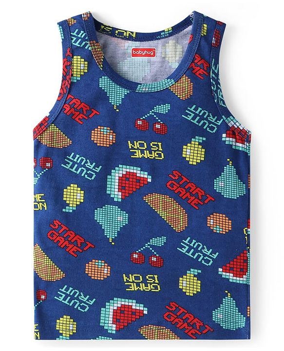 Babyhug Single Jersey Knit Sleeveless Sando with Stripes & Text Print Pack of 2 - Navy Blue