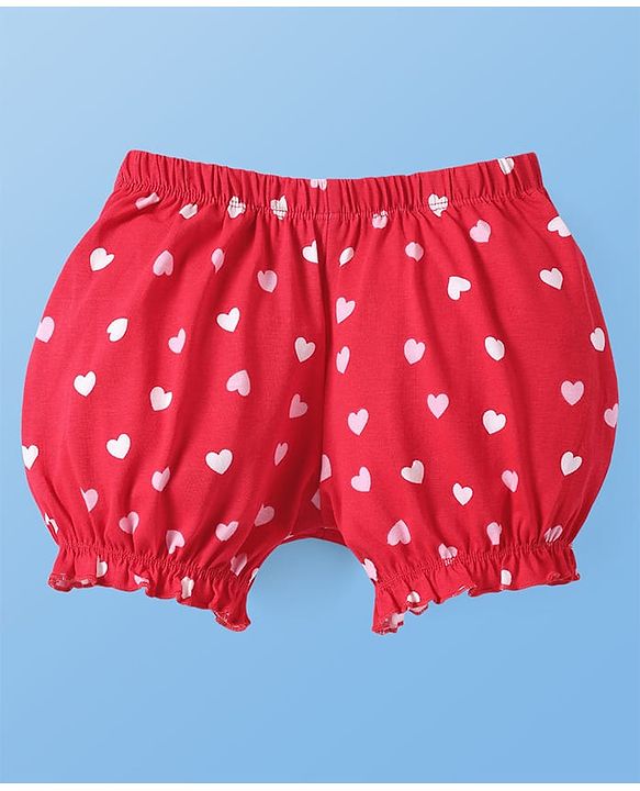 Pine Kids Cotton Lycra Knit Bloomers with Heart Print Pack of 3 - Dark Pink & Red
