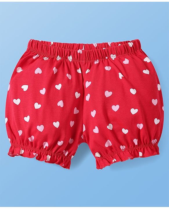 Pine Kids Cotton Lycra Knit Bloomers with Heart Print Pack of 3 - Dark Pink & Red