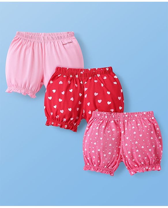 Pine Kids Cotton Lycra Knit Bloomers with Heart Print Pack of 3 - Dark Pink & Red