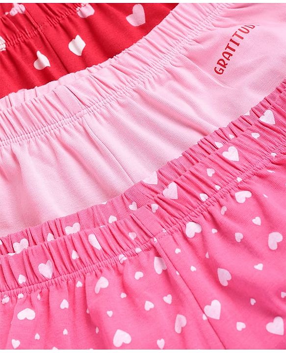 Pine Kids Cotton Lycra Knit Bloomers with Heart Print Pack of 3 - Dark Pink & Red