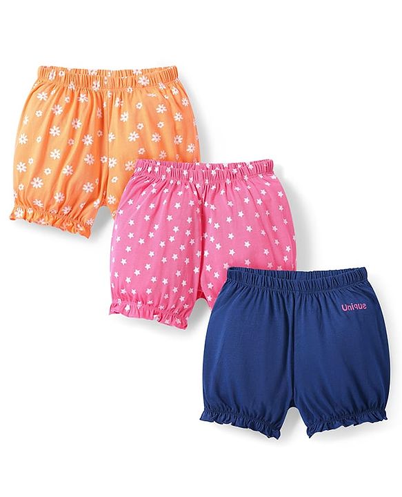 Pine Kids Cotton Lycra Bloomers with Stars & Floral Print - Pack Of 3 (Color May Vary)