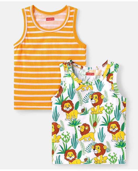 Babyhug 100% Cotton Knit Sleeveless Sandos with Stripes & Jungle Theme Print Pack of 2 - White