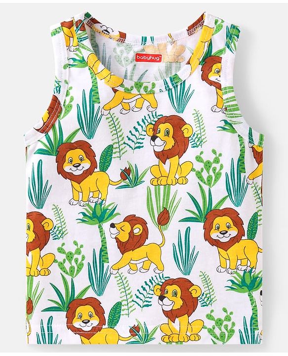 Babyhug 100% Cotton Knit Sleeveless Sandos with Stripes & Jungle Theme Print Pack of 2 - White