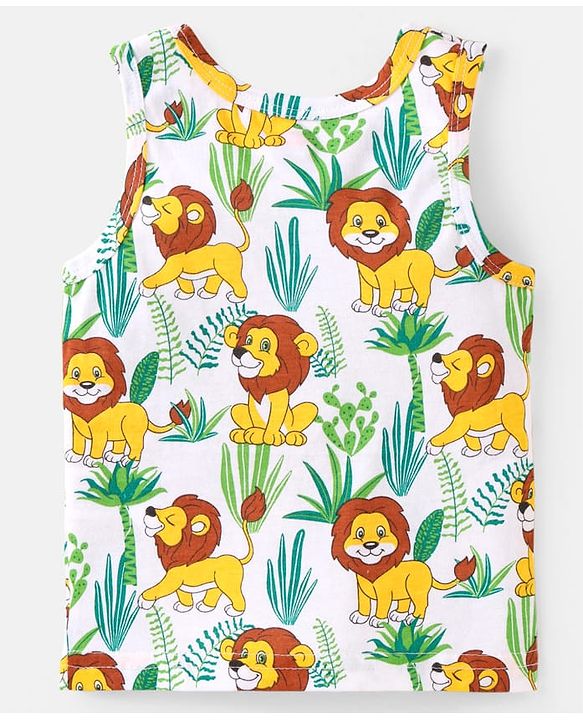 Babyhug 100% Cotton Knit Sleeveless Sandos with Stripes & Jungle Theme Print Pack of 2 - White