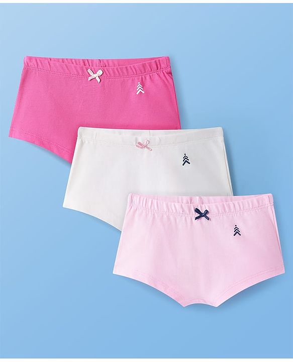Pine Kids Cotton Lycra Knit Panties with Bow Applique & Brand Logo Print Pack of 3 - White & Pink