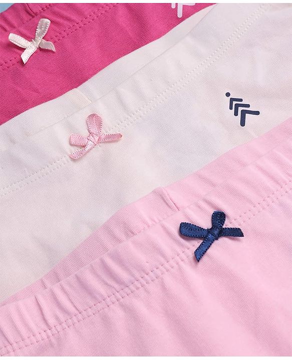 Pine Kids Cotton Lycra Knit Panties with Bow Applique & Brand Logo Print Pack of 3 - White & Pink