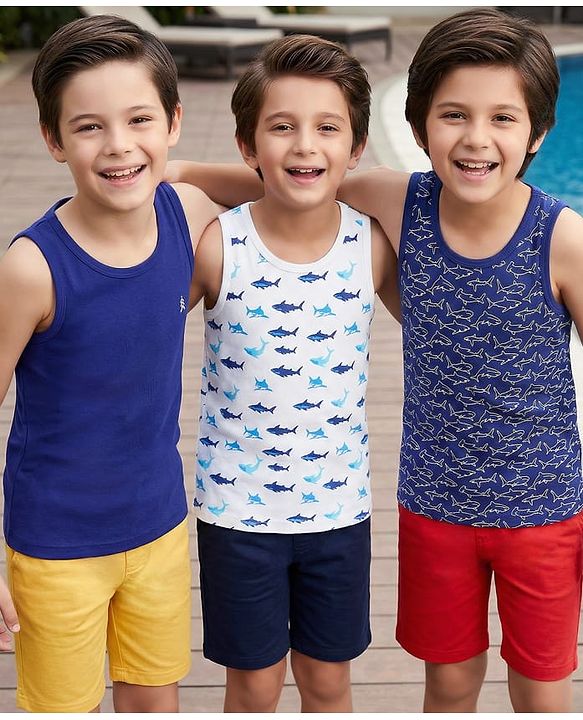 Pine Kids Cotton Knit Sleeveless Fish Printed Vests Pack of 3 (Colour & Print May Vary)