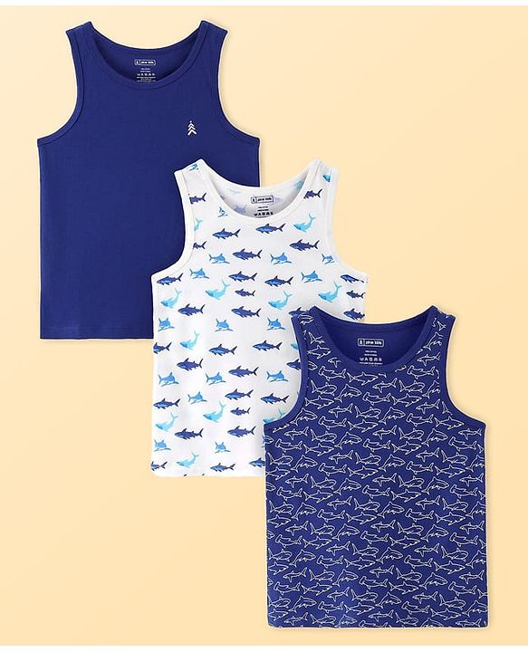 Pine Kids Cotton Knit Sleeveless Fish Printed Vests Pack of 3 (Colour & Print May Vary)