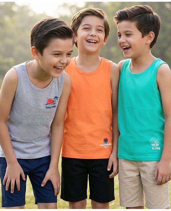 Pine Kids Cotton Knit Sleeveless Vests  with Beach Theme Print Pack of 3 (Colour May Vary)
