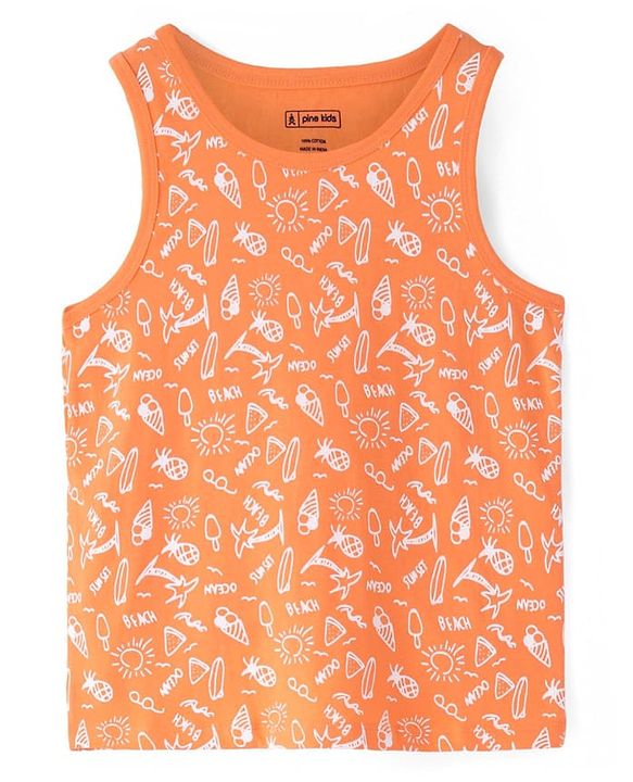 Pine Kids Cotton Lycra Knit Sleeveless Vests with Beach Theme & Tropical Print Pack of 3 (Color May Vary)