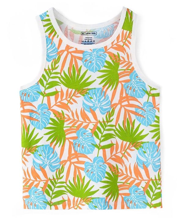 Pine Kids Cotton Lycra Knit Sleeveless Vests with Beach Theme & Tropical Print Pack of 3 (Color May Vary)