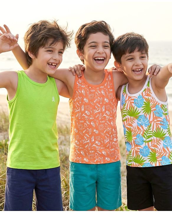 Pine Kids Cotton Lycra Knit Sleeveless Vests with Beach Theme & Tropical Print Pack of 3 (Color May Vary)
