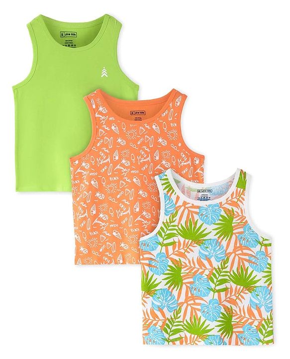 Pine Kids Cotton Lycra Knit Sleeveless Vests with Beach Theme & Tropical Print Pack of 3 (Color May Vary)