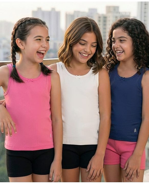Pine Kids Cotton Knit Sleeveless Solid Color Vests Pack of 3 (Colour & Print May Vary)