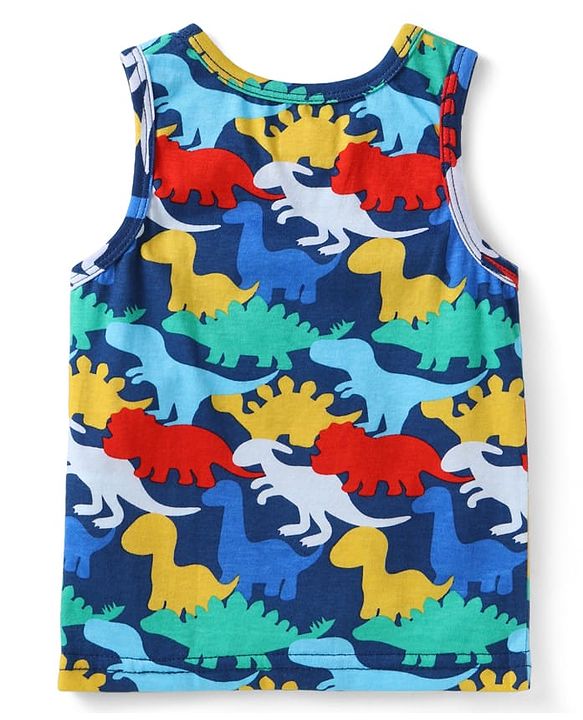 Babyhug 100% Cotton Knit Sleeveless Sandos with Stripes & Dino Print Pack of 2 - Navy Blue