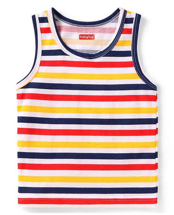 Babyhug 100% Cotton Knit Sleeveless Sandos with Stripes & Dino Print Pack of 2 - Navy Blue