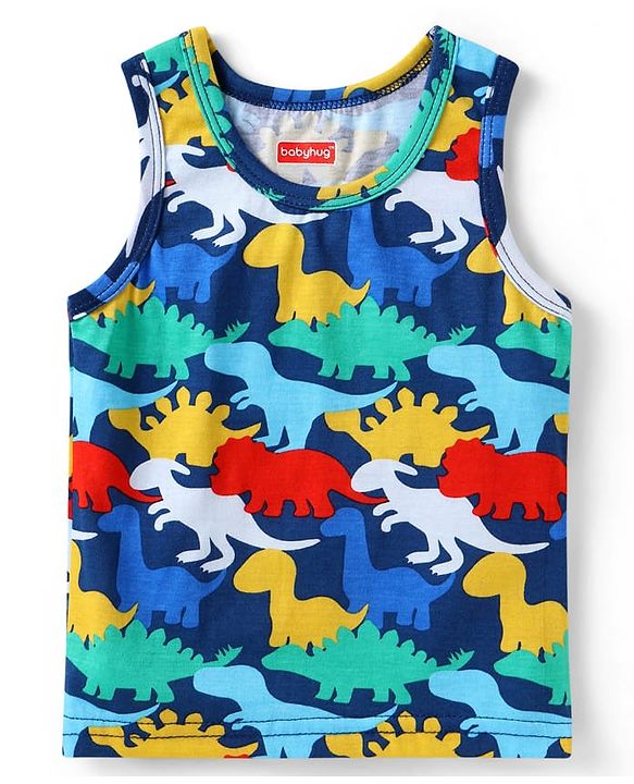 Babyhug 100% Cotton Knit Sleeveless Sandos with Stripes & Dino Print Pack of 2 - Navy Blue