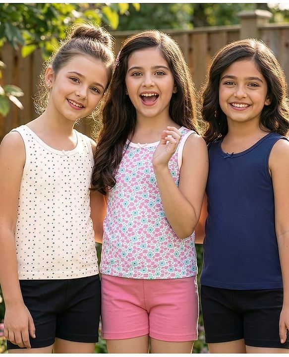 Pine Kids Cotton Lycra Knit Sleeveless Vests with Floral & Polka Dot Prints Pack of 3 - Navy Blue & Beige