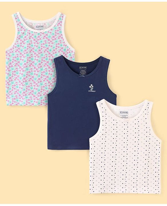 Pine Kids Cotton Lycra Knit Sleeveless Vests with Floral & Polka Dot Prints Pack of 3 - Navy Blue & Beige