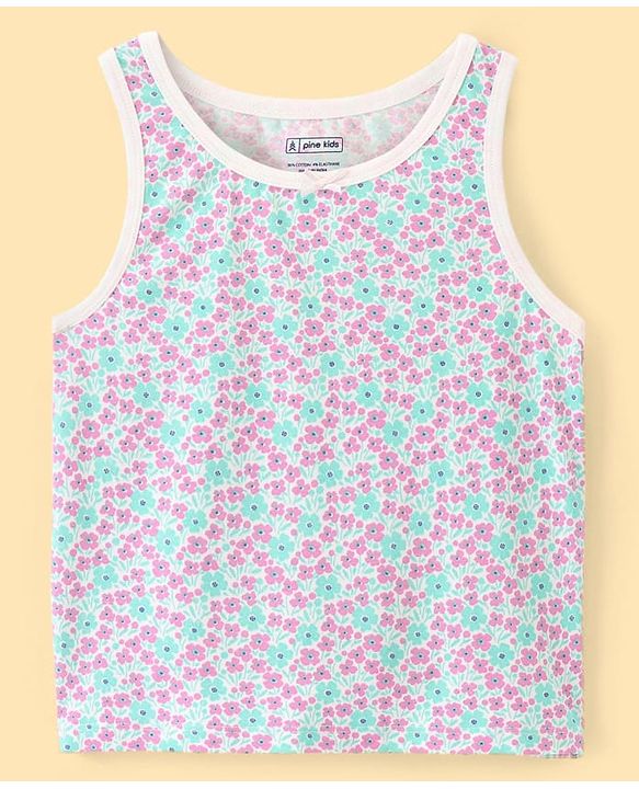 Pine Kids Cotton Lycra Knit Sleeveless Vests with Floral & Polka Dot Prints Pack of 3 - Navy Blue & Beige