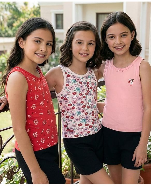 Pine Kids Cotton Knit Sleeveless Floral Print Vests Pack of 3 (Colour & Print May Vary)