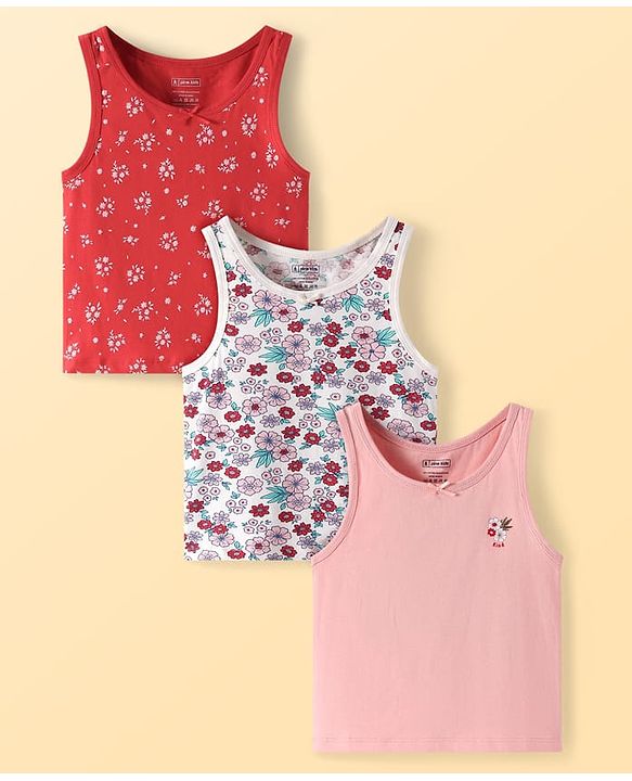 Pine Kids Cotton Knit Sleeveless Floral Print Vests Pack of 3 (Colour & Print May Vary)